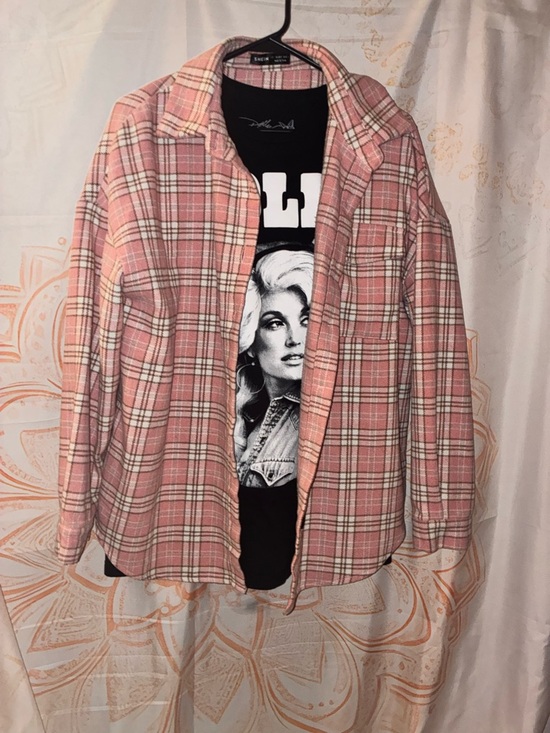 SHEIN Tops - SHEIN Pink Plaid Button-Up Shirt w/ a Dolly Parton Graphic Tee